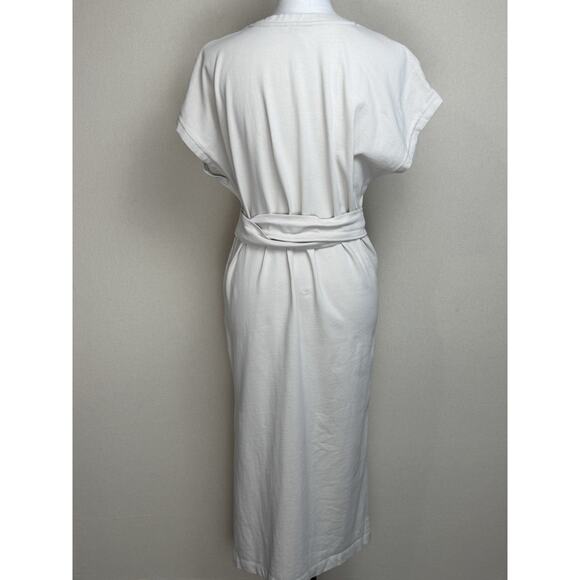 Zara Midi Cotton Bone Ivory Color Tie Waist Dress Sz M Short Sleeve Classic - Picture 5 of 13